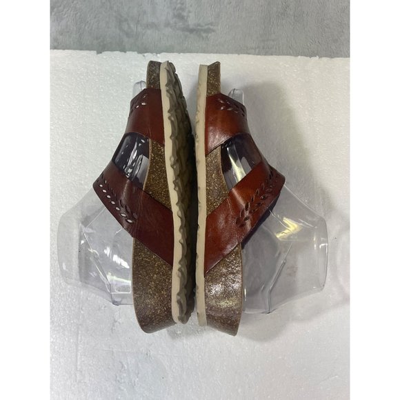 YOKONO Womens size 9.5 Redish Brown Strap Wedge Sandals Slip On Leather Cork - Picture 6 of 16